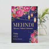 Mehndi Starry nachtsarabische Laternen mit Blumen Einladung (Stehend Vorderseite)