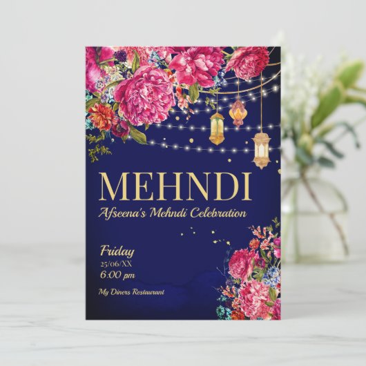 Mehndi Starry nachtsarabische Laternen mit Blumen Einladung (Stehend Vorderseite)