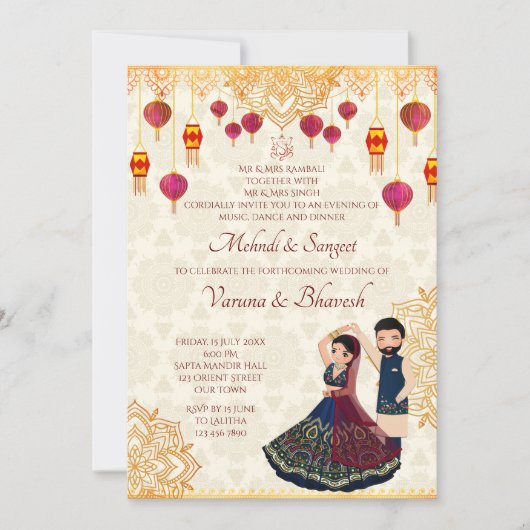 Mehndi und Sangeet Einladung niedliches indisches (Vorderseite)