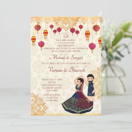 Mehndi und Sangeet Einladung niedliches indisches (Stehend Vorderseite)