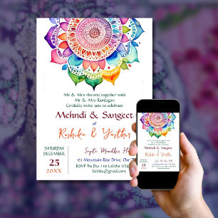 Mehndi und Sangeet farbenfrohe Mandala-Vorlage Einladung