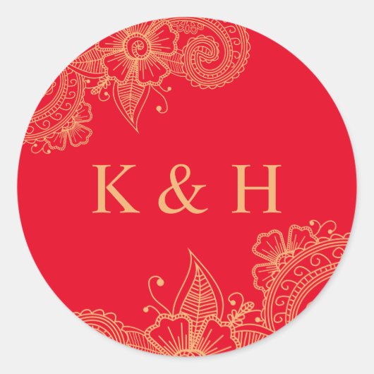 Mehndi Wedding Monogram Classic Round Sticker (Vorderseite)