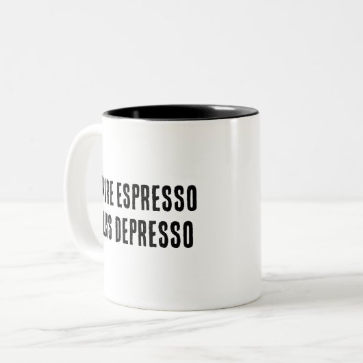 MEHR ESPRESSO WENIGER DEPRESSO ZWEIFARBIGE TASSE (Vorderseite Links)