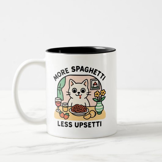 Mehr Spaghetti weniger Upsetti Cat-Tasse Zweifarbige Tasse (Links)