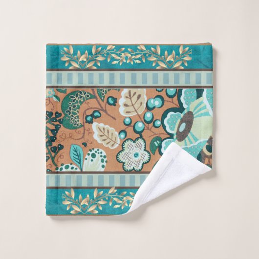Mehrere Muster, Aquamarin, Grün, Rost, Gold, Blume Badhandtuch Set (Waschlappen)