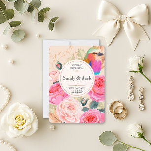 Mehrfarben Finch und Peonies Save the Date
