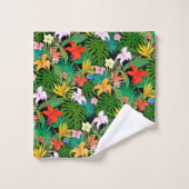 Mehrfarbige Blume & Palm-Blätter auf schwarz Badhandtuch Set (Waschlappen)