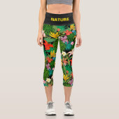 Mehrfarbige Blume & Palm-Blätter auf schwarz Capri Leggings (Vorderseite)