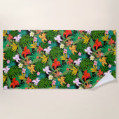 Mehrfarbige Blume & Palm-Blätter auf schwarz Strandtuch (Vorderseite)