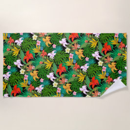 Mehrfarbige Blume & Palm-Blätter auf schwarz Strandtuch