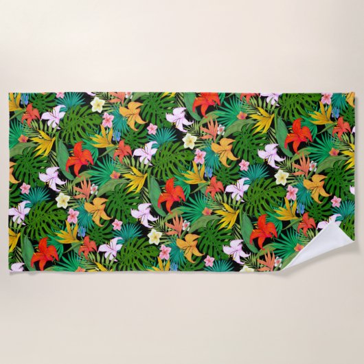 Mehrfarbige Blume & Palm-Blätter auf schwarz Strandtuch (Vorderseite)