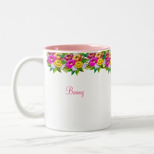 mehrfarbige Blume und Kalligraphie Zweifarbige Tasse (Links)