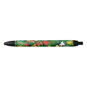 Mehrfarbige Blumen und Palmwedel auf Schwarz Kugelschreiber