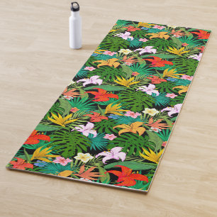 Mehrfarbige Blumen und Palmwedel auf Schwarz Yogamatte