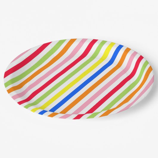 Mehrfarbige Candy Stripes Pappteller (Schrägansicht)