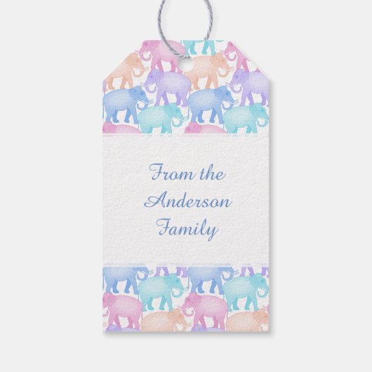 Mehrfarbige Elefanten Babydusche Kind Geburtstag Geschenkanhänger (Rückseite)