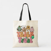 Mehrfarbige Ghosts Bats Pumpkins Trick oder Treten Tragetasche (Rückseite)