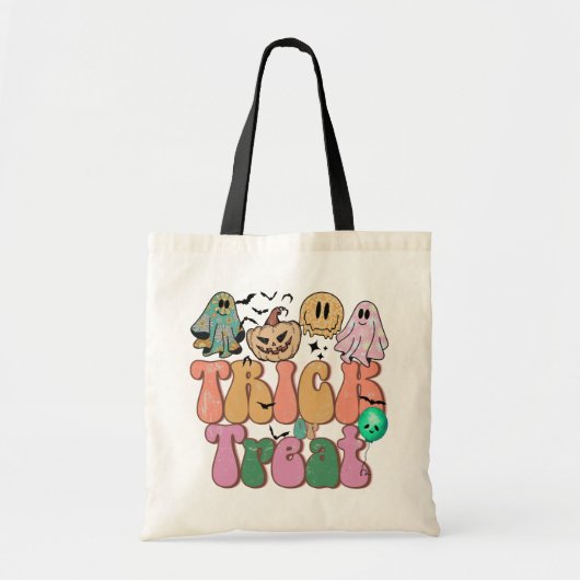 Mehrfarbige Ghosts Bats Pumpkins Trick oder Treten Tragetasche (Vorne)