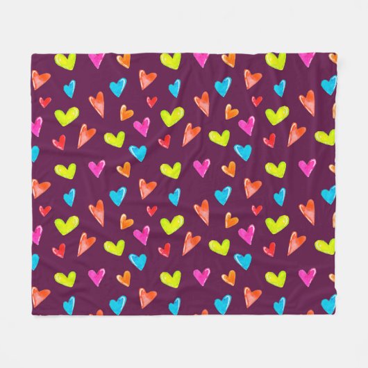 Mehrfarbige Herzen: Lila Wasserfarben-Muster. Fleecedecke (Vorderseite (Horizontal))