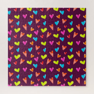 Mehrfarbige Herzen: Lila Wasserfarben-Muster. Puzzle