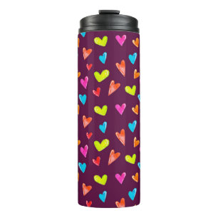 Mehrfarbige Herzen: Lila Wasserfarben-Muster. Thermosbecher