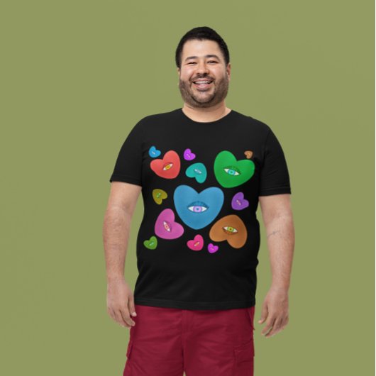 Mehrfarbige Herzklopfe mit Augapfelwangen-Liebe T-Shirt