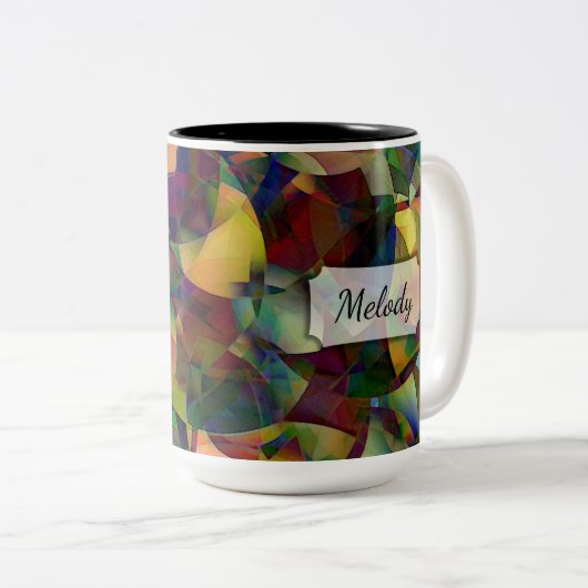 mehrfarbige, kaleidoskopische Abstrakte Kunst mit Zweifarbige Tasse (VorderseiteRechts)