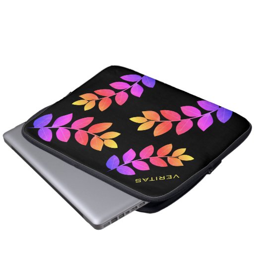 mehrfarbige Laurel-Blätter auf Schwarz Laptopschutzhülle (Vorne Knopf)