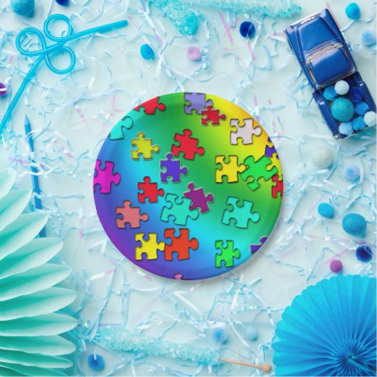 Mehrfarbige Puzzlestücke Pappteller (Party)