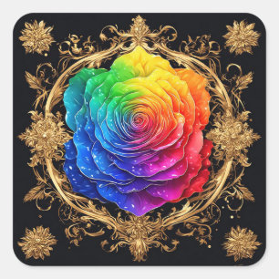 Mehrfarbige Rose mit aufwendigen goldenen Verzieru Quadratischer Aufkleber