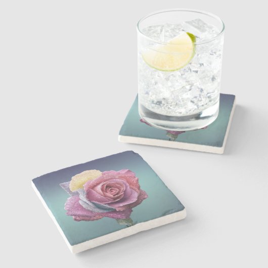 mehrfarbige Rose Steinuntersetzer (Seitenansicht)