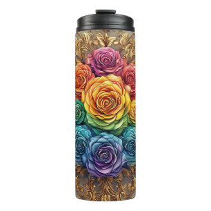 Mehrfarbige Rosen mit aufwendigen goldenen Verzier Thermosbecher