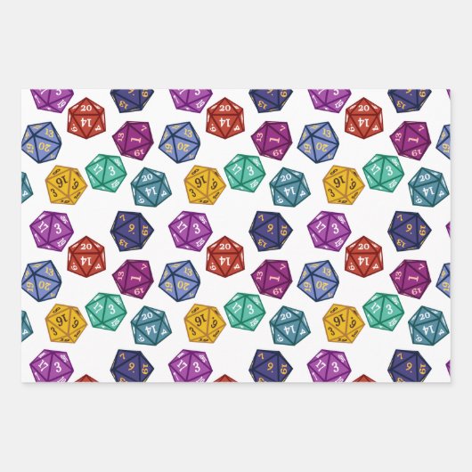 Mehrfarbige RPG D20-Würfel Geschenkpapier Set (Vorderseite)