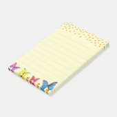 Mehrfarbige Schmetterlinge und Goldkonfetti auf Li Post-it Klebezettel (angewinkelt)