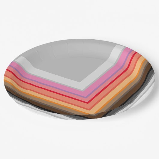 mehrfarbige Streifen und Quadrate Pappteller (Schrägansicht)