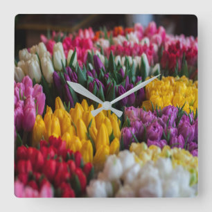 Mehrfarbige Tulpen Quadratische Wanduhr