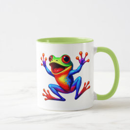 Mehrfarbiger Kartoonfrosch mit großem Lächeln. Tasse