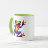 Mehrfarbiger Kartoonfrosch mit großem Lächeln. Tasse (Vorderseite Links)