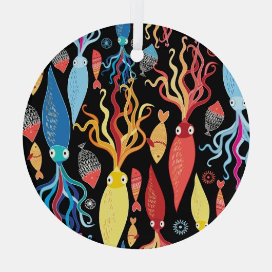 mehrfarbiger Tintenfisch Schwarzer Hintergrund Ornament Aus Glas (Rückseite)