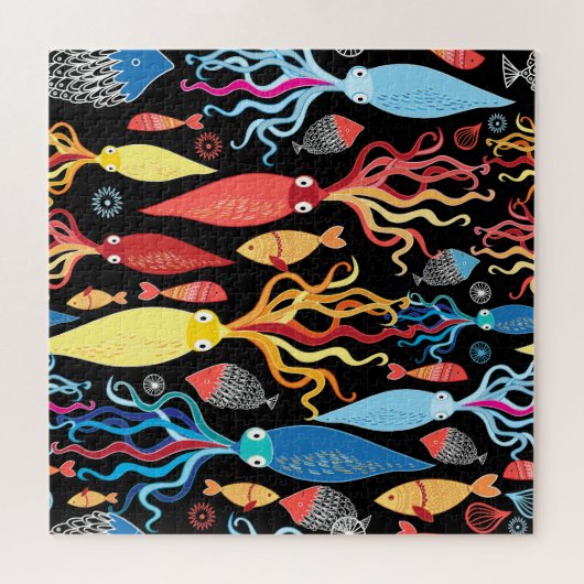 mehrfarbiger Tintenfisch Schwarzer Hintergrund Puzzle (Horizontal)