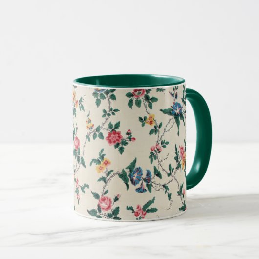 Mehrfarbiges Blumenmuster mit grüner Einfassung, Tasse (VorderseiteRechts)