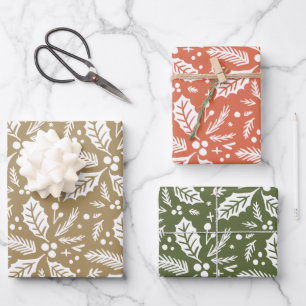 Mehrfarbiges Handgezeichnetes Holly-Berry-Muster Geschenkpapier Set