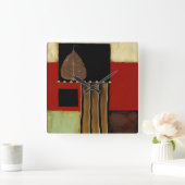 mehrfarbiges Paneelgemälde mit braunem Leaf Quadratische Wanduhr (Zuhause)