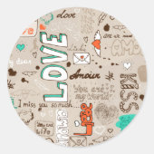 Mehrsprachige Liebe Doodle Muster Art Runder Aufkleber (Vorderseite)