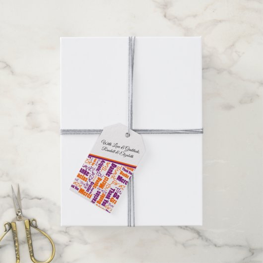 Mehrsprachiger Dank Typografie Lila Orange Geschenkanhänger (Mit Garn)