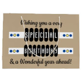 Meilenstein besondere Geburtshaus Name blau gelb Große Geschenktüte (Rückseite)