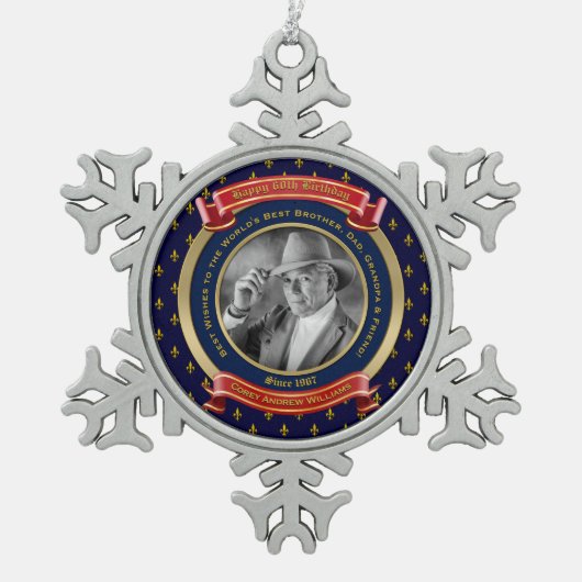 Meilenstein Birthday Gold Foto 60. Sixty Blue Red Schneeflocken Zinn-Ornament (Vorderseite)