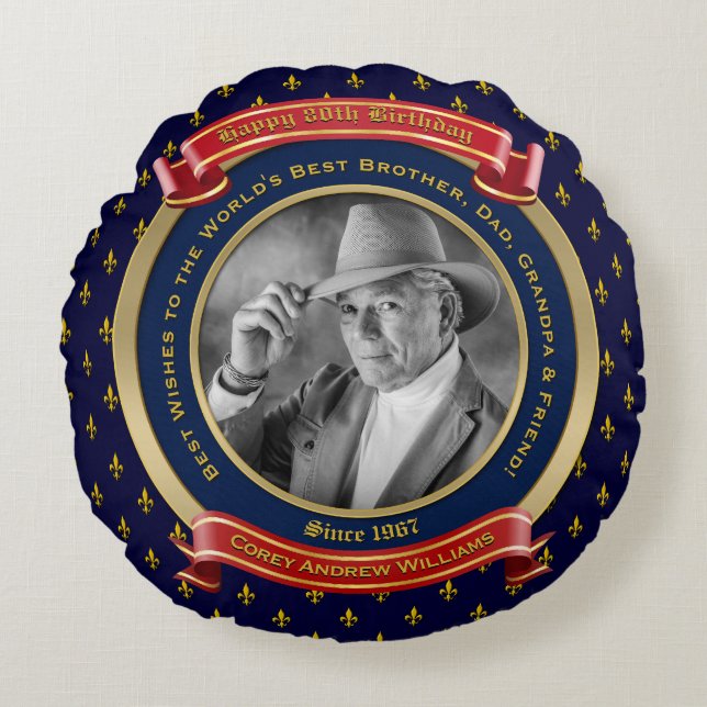 Meilenstein Birthday Gold Foto 80. Achtzig Blau Ro Rundes Kissen (Vorderseite)