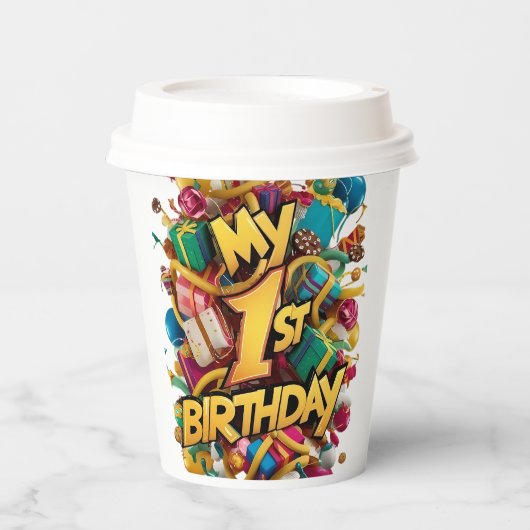 Mein 1. Geburtstag Cookies Cake und Balloons Pappbecher (Vorderseite)