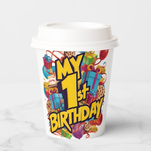 Mein 1. Geburtstag Cookies Cake und Balloons Pappbecher (Vorderseite)